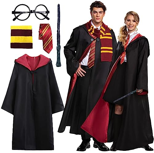 Kitimi Magic Robe, Umhang,4PCS Zauberer Cosplay Kostüm für Erwachsene,with Cape,Magic Wand,Glasses,Scarf,Tie,Halloween Wizard Costume for Cosplay,Carnival,Fancy Dress