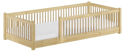 Erst-Holz®Kinderbett niedriges Bodenbett Kiefer Natur 90x200 Kleinkinder Laufstall ähnlich V-60.65-09Rollrost und Matratze inkl.