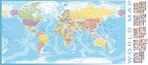 Politische Weltkarte Poster mit Fahnen XL Karte mit Länder-Flaggen; Landkarte 100 x 44 cm; Hochwertiger Premium Druck 170 g Papier (Detailiert)