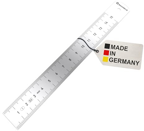 BAUHELD Stahllineal 150mm [Made in Germany] - Genauigkeitsklasse 1 - Metall-Lineal in Zoll und Zentimeter [15cm] - Stahl-Maßstab aus rostfreiem Edelstahl - 15 cm Anreißlineal mit Aufhängelochung