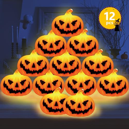 Shinybox 12 Stück Halloween Kürbis Lichter, Herbstdeko Kürbis mit LED Licht, Halloween Deko Licht, Halloween Laterne Outdoor mit LED Kerze für Herbstdeko, Innen Außenlaterne Halloween Dekorationen