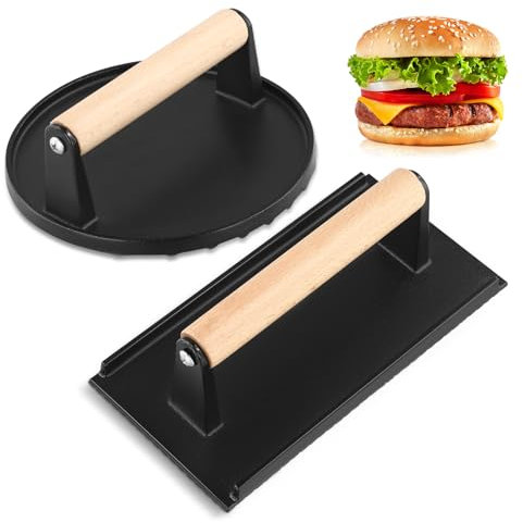Burger Smasher Set con redondo y rectangular, prensa para hamburguesas de hierro fundido, prensa para hamburguesas, prensa para hamburguesas con mango resistente al calor, prensa profesional para