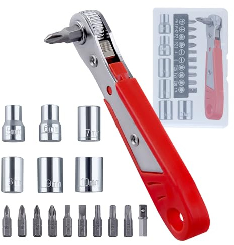 LEONTOOL 17 PCS Right Angle Ratcheting Screwdriver Set, 90 Degree Offset Screwdriver for Tight Spaces, 36-Tooth Reversible Mini Ratchet Set with 1/4 Phillips/Pozidriv/Slotted/Torx Bits and Sockets
