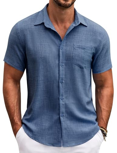 COOFANDY Camicia Uomo Manica Corta Estate Camicie Leggere vestibilità Regolare Spiaggia Casual Camicia Estiva con Tasche Blu Navy S