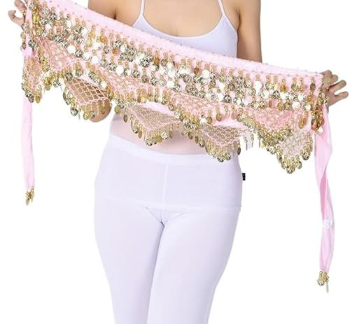 HESHUYAN Bauchtanz HüFttuch Bauchtanz-Taillengürtel for Frauen mit Goldmünzen, glänzender Bauchtanz-Hüftschal aus Samt, Tanzkostüm, Hüfttuch, Wickelrock Bauchtanz KostüM Damen(Pink)