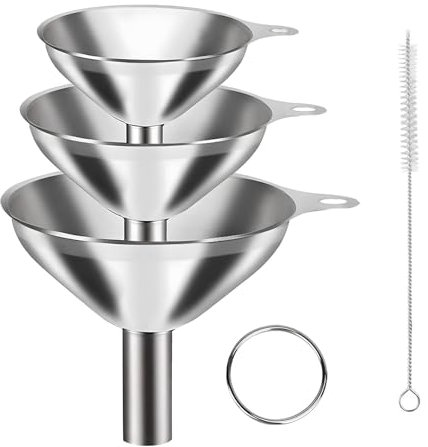Makoto Nobu 3 Piezas Acero Inoxidable Embudo, Embudo de Cocina Mini con 1 Cepillo de Limpieza, para la Transmisión de Ingredientes Líquidos y Polvos, 4.5/5.5/7.5cm