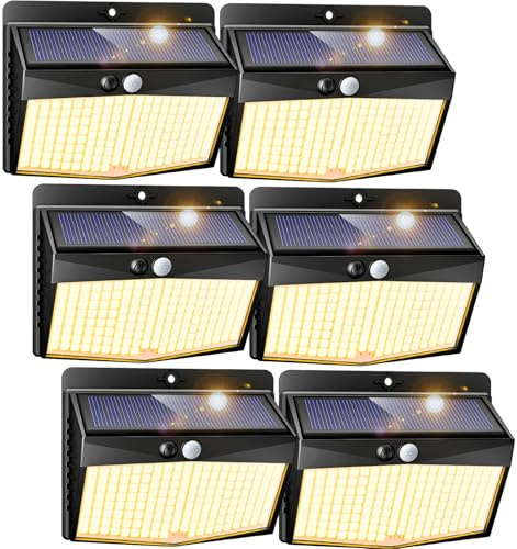 Peasur Solar Security Lights Outdoor Motion Sensor, 168LED 6 Pack Solar Powered Fence Light with 3 Modes, IP65 Waterproof Solar Wall Lighting for Garden Outside-Warm White