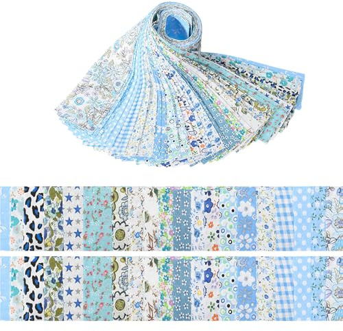 LetCart 40 rullar bomull quiltning tyg blommönster, 20 stilar förskurna 6,2 x 50 cm tygremsor för gör-det-själv hantverk, dockkläder, kudddekor (blå 6,2 x 50 cm, 2 rullar per design)