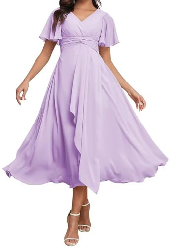 HPPEE Vestido de dama de honor de gasa con mangas plisadas midi vestido de noche formal para mujer, Lila., 50