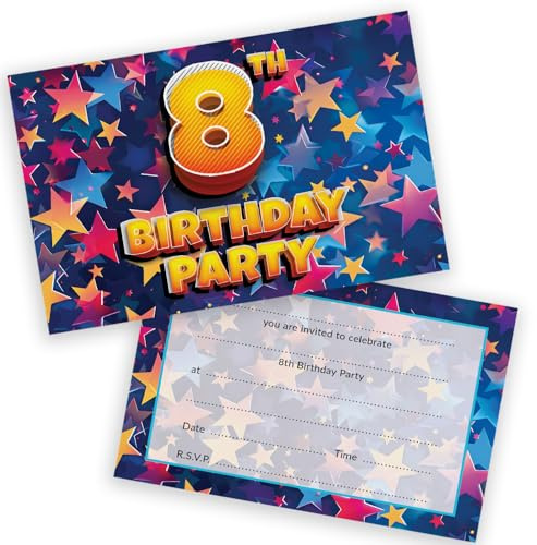 8th Birthday Party Invitations Kids - Celebration Stars 20 Pack - Childrens Birthday Invitations for Boys/Girls A6 Bday Party Invites Invitation Cards with Folding Envelopes