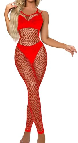 CZSABXY Women's Fishnet Bodysuit Mesh Bodystocking Fishnet Lingerie Rave Outfits Jumpsuit Teddy Lingerie(Red)