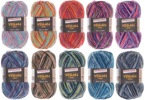 SUPERGARNE Sockenwolle VeganSocks – 1000 g (10x100g), Veganes Sockengarn ohne Wolle, geeignet für Allergiker, Strapazierfähig, Maschinenwaschbar, Made in EU, Ideal für Socken und Strickprojekt (VEGAN)