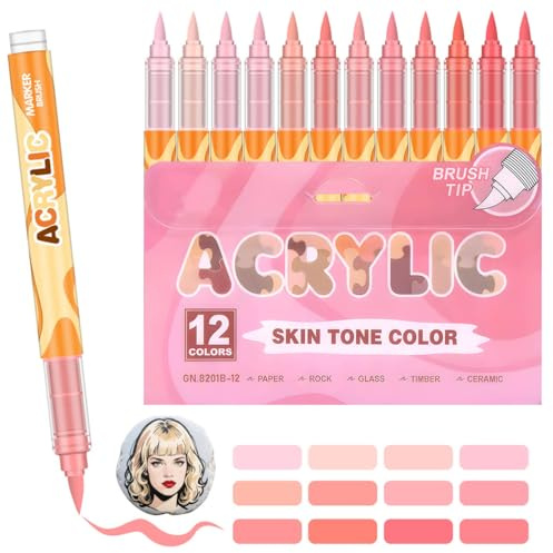 Laconile 12 Farben Acrylstifte für Hauttöne, Acrylstifte für steine wasserfest Mit flexibler Pinselspitze (0,5-1 mm) zum Bemalen von Steinen, Keramik, Glas, Holz, Leinwand(SKIN-TONE-PINK)