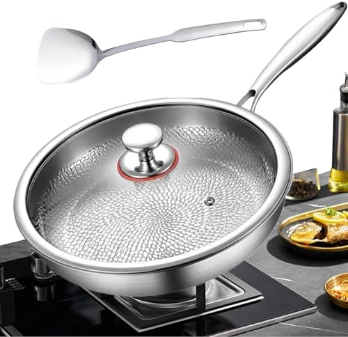 Tisujune Titanium Steel Pans for Cooking | Titanium Steel Non Stick Frying Pans with Lid and Spatula,Kitchen Utensils Gadgets for Cooking Searing Baking Steak Fish Pancake Camping Restaurant