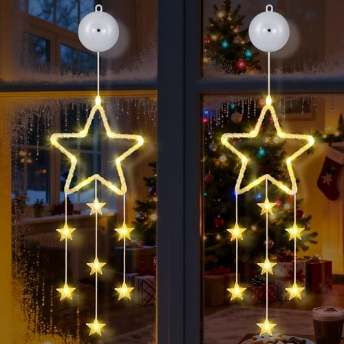Tacobey 2PCS Christmas Star Window Lights, LED Battery Hanging Lights Warm White with Suction Cup, 8 Modes, Timer Function, for Indoor Home Party Christmas Decorations