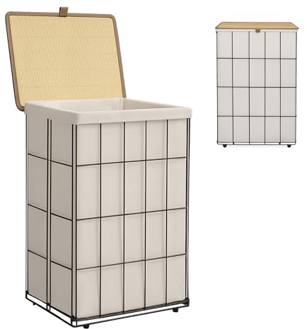 KNIGHT 72L Laundry Bag with Bamboo Lid, Foldable Laundry Hamper with Metal Frame & Removable Washable Liner, Stylish Storage Bin for Laundry Room, Kitchen or any Storage Organisation(40x30x60cm).