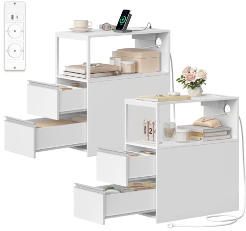 HEXCELEN Schmaler Beistelltisch, 2er Set, Nachttisch, Schmaler Nachttisch mit 2 Schubladen und Offenem Fach, Sofatisch, für Kleine Räume, Wohnzimmer, Schlafzimmer, Modern, 60 x 30 x 65 cm, Weiß