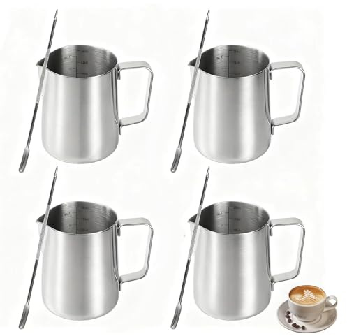 BOJVESH 4Pcs Stainless Steel Milk Frothing Pitchers, 12oz/350ml Milk Frother Cup with Measurement Mark and Decorating Pen for Making Latte Art, Milk Jug for Coffee Machine Cappuccino Latte Espresso
