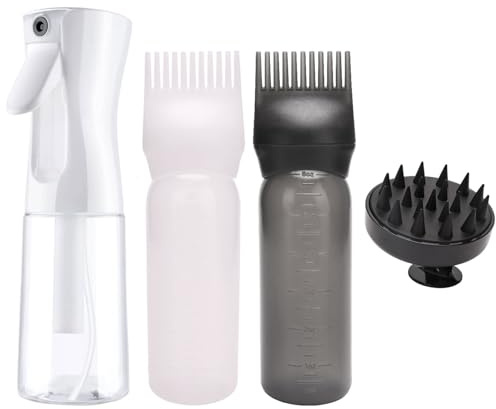JOYOLA 4pcs Hair Oil Applicator Bottle, Plastic Hair Dye Oil Applying Applicator, 2 Root Comb Applicator Bottle Graduated, 1 Spray Bottle and 1 Scalp Massager for Hair Colouring and Conditioning