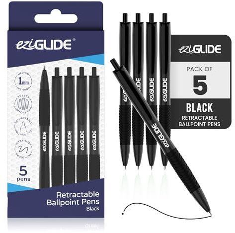 Eziglide Retractable Ballpoint Pens, 5-Pack Black Pens For Smooth Writing