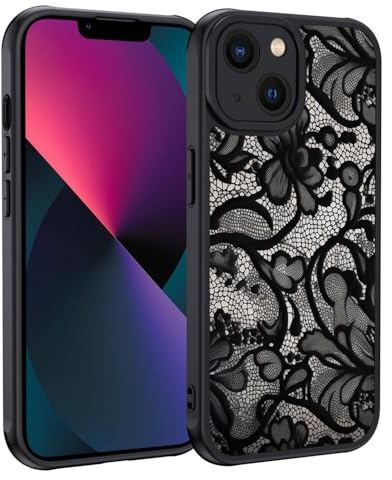 XTCASE für iPhone 13 Hülle, Aesthetic Spitze Vintage Muster Frauen Mädchen Case Matt Handyhülle Kratzfeste PC Rückseite + TPU Bumper - Schwarz