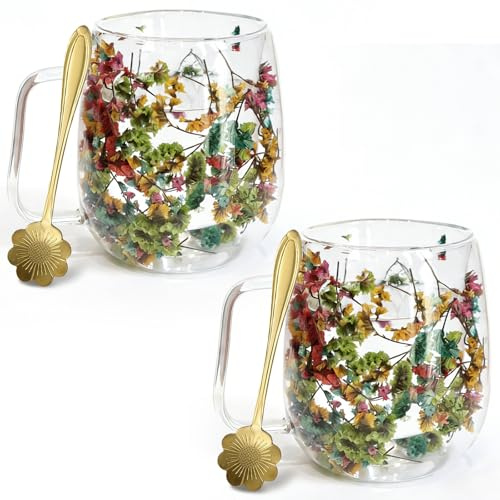 Richaa 2er-Pack Trockene Blume Doppelwandige GläSer, Doppelwandige TeegläSer, TeegläSer Doppelwandig FüR Frauen Freundin Lehrer Mutter Geschenk