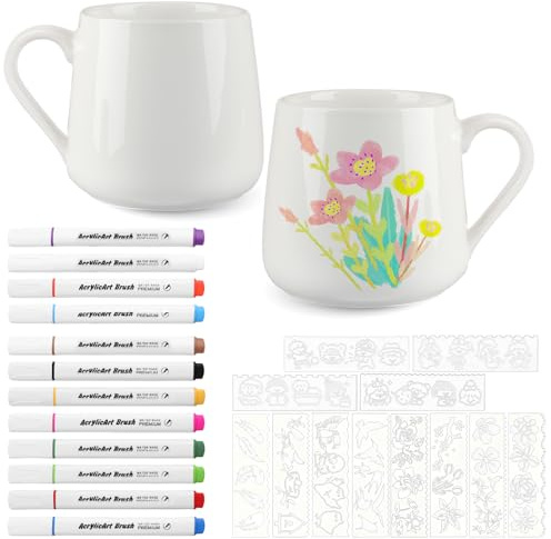 guobinZH 2 Juego de Pintura para Tazas para Adultos DIY Pintura de Cerámica | Mug Personalizada DIY para Principiantes con 2 Tazas Blancas 450ml y 12 Rotuladores para Regalo Creativa Adulti e Bambini