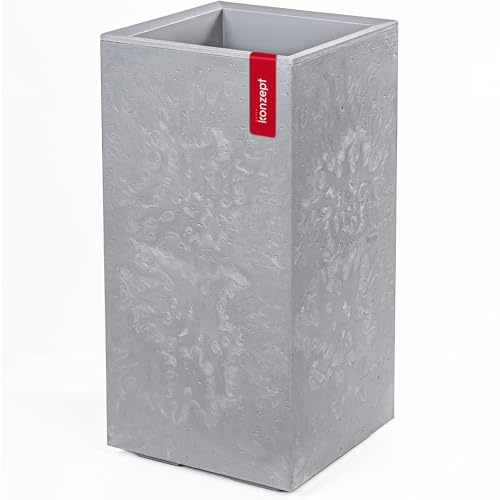 KONZEPT Pflanzkübel groß hoch in Beton-Optik mit Rollen und Drainage, 28,6 x 28,6 x 59,4 cm – für innen & außen, Grau