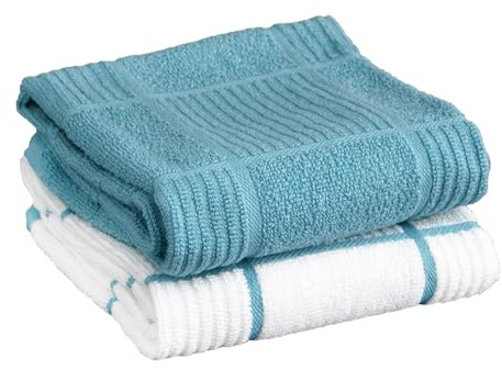 T-fal Solid & Checked Parquet Kitchen Towels: Highly Absorbent, Super Soft Long Lasting - 100% Cotton, 16x26 Dish Towels for Cleaning & Drying Dishes, Pans, Glassware, or Countertops, 2-Pack, Breeze