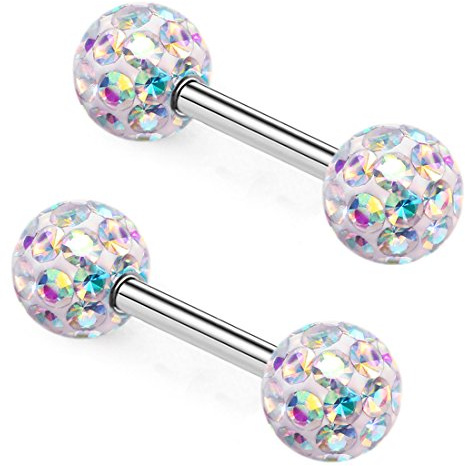 ZHIYAOR Never Fall out Crystal 14G Studs Nipple Rings for Women Body Piercing Barbell Jewelry Anti-allergy Surgical Steel Pairs Rainbow