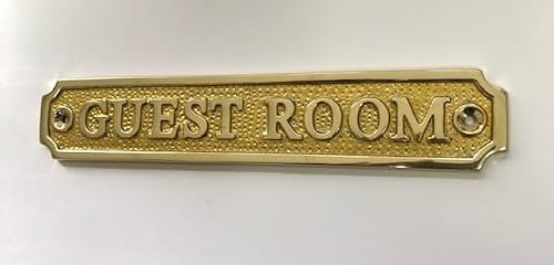 GUEST ROOM Door Sign Solid Brass with a Polished Lacquered Finish 18.6 x 3.3 cm comes with Screws, Ideal for Spare Bedroom DSN-22-PL