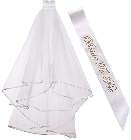 Rmeet Bride to Be Sash and Veil,White Bridal Wedding Veil with Comb+Gold Bride to Be Banner Hen Party Accessory for Bridal Shower Hen Night Party Decoration