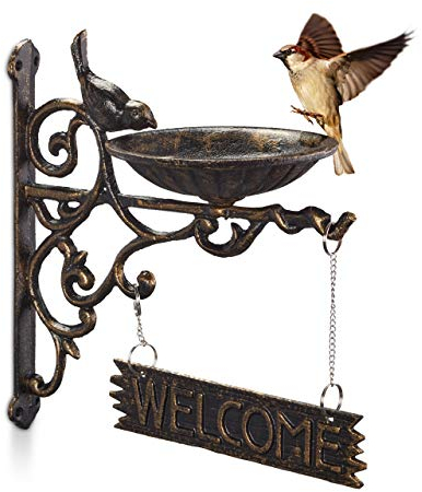 Relaxdays Abbeveratoio per Uccelli in Ghisa, Targhetta “WELCOME”, Decorazione da Giardino, Montaggio a Parete, Marrone