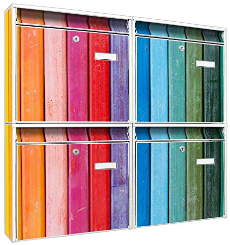 banjado Briefkastenanlage 4 Fach - Postkästen groß - verzinkter Stahl weiß DIN A4 Motiv Holz Regenbogen - Briefkasten Set 4 Briefkästen Namensschild, 2 Schlüssel, Montagematerial