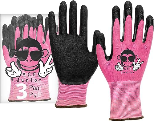 ACE Junior Gants de travail pour enfants - 3 paires de gants de protection pour le travail de jardinage - Rose - 5-6 ans (lot de 3)