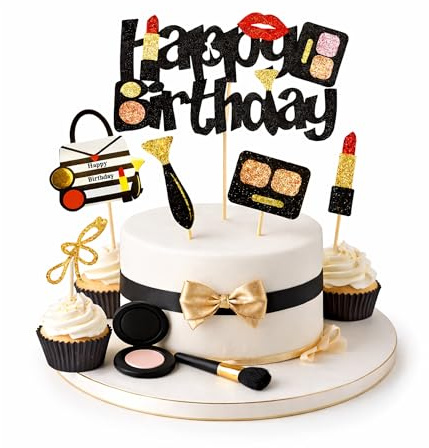 Regendeko Happy Birthday Schwarzgold Lippenstift Tortendeko | Lady Mädchen Geburstagsdeko Schminke Kuchendeko