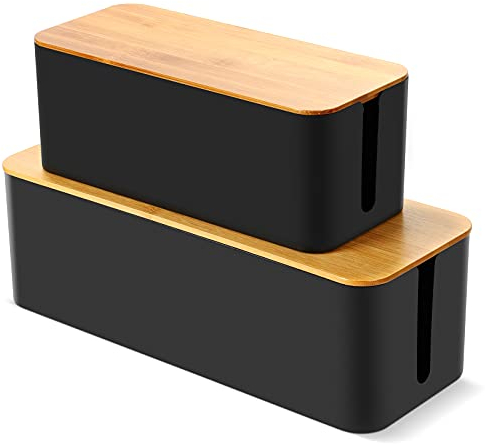 Cable Tidy Box, Larger Cables Organised Box, Set of 2 Cable Storage Box with Bamboo Lid for Hiding Messy Cables Wire Management 16x 6.2x 5.4 and 12.6x 5.3x 5.1