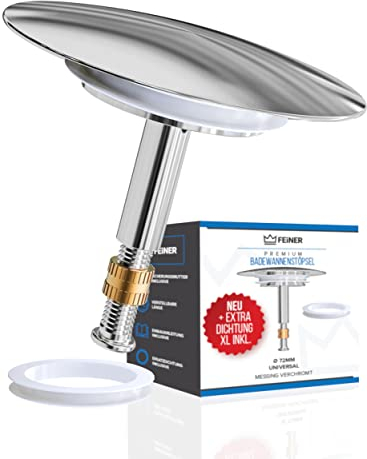 FEINER® Tappi per vasca da bagno, misura universale, tappo per vasca da bagno, diametro 72 mm, tappo regolabile antiruggine, per ogni vasca da bagno, ermetico + guarnizione alternativa gratuita