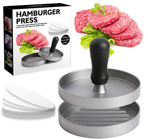 XCWTBL Pressa per hamburger, attrezzo in alluminio Rivestimento antiaderente + 100pcs carta per hamburger, Utensili da cucina per realizzare deliziosi hamburger, polpette e barbecue