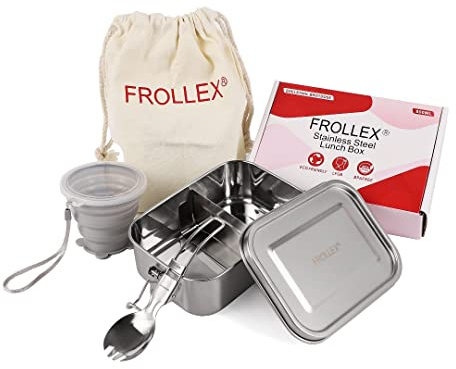 FROLLEX Premium Edelstahl Brotdose Lunchbox 800ml | Inkl. Austauschdichtung, Trennwand, Klappbare Gabel & Becher, Auslaufsicher, BPA-frei