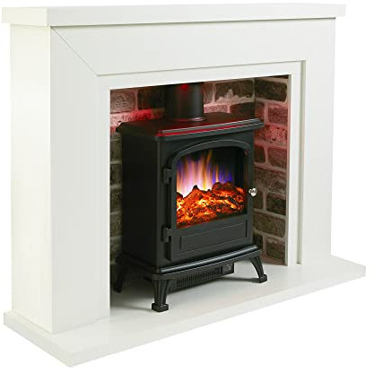 Endeavour Fires Farlington Electric Fireplace, Black Log Burner Stove in 48’’ Off White Surround, LED Downlights with Remote Control (White Top/Grey Brick)