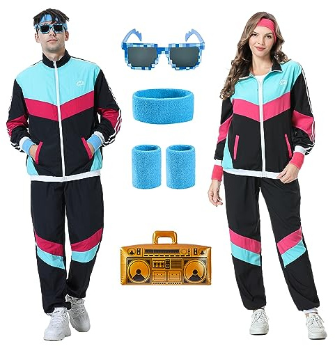Enhenenhen Costume anni '80 - Tuta da uomo e da donna, per adulti, con giacca e pantaloni, anno 80 90, costume da discoteca, set per carnevale, jogging, Nero , S