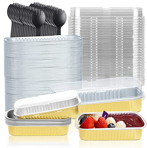 ZAANU Mini moldes for Pan con Tapas de Papel de Aluminio, 100 Piezas Rectángulo de 6.8 oz Tazas for Hornear Muffins, Soportes de latas Desechables for Pastel Pan Brownie Cheesecake / 80