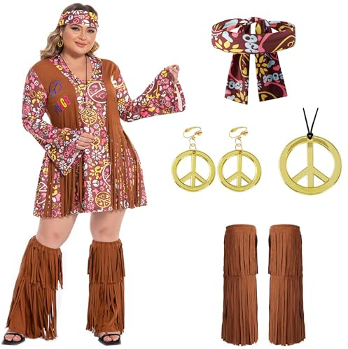 cuteDIY 70er Jahre Outfit Damen Hippie Kleid Damen Hippy Kostüm Party Outfit 70er Jahre