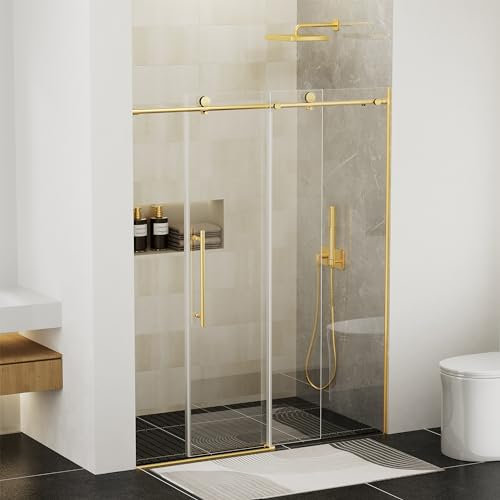Findepot Frameless Sliding Shower Door 56-60 in W x 75 in H,Frameless Shower Door with 5/16 (8mm) Clear Tempered Glass,Silent Soft-Close Design,Brushed Gold
