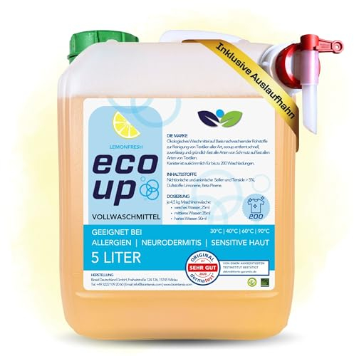 ecoUp Sensitive Ökologisches Flüssigwaschmittel 5L für Allergiker Babies und empfindlicher Haut Neurodermitis Schuppenflechte, Lemonfresh, 200 Waschladungen, 30-90°C (5L Lemonduft +Hahn)