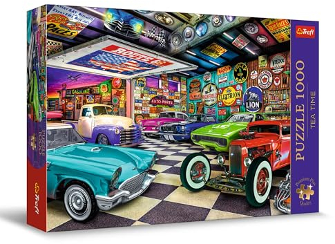 Trefl Premium Plus Quality - Puzzle Tea Time: Bilsamlarens garage - 1000 bitar, Serie med nostalgiska målade bilder, Perfekt passande bitar, för vuxna och barn från 12 år