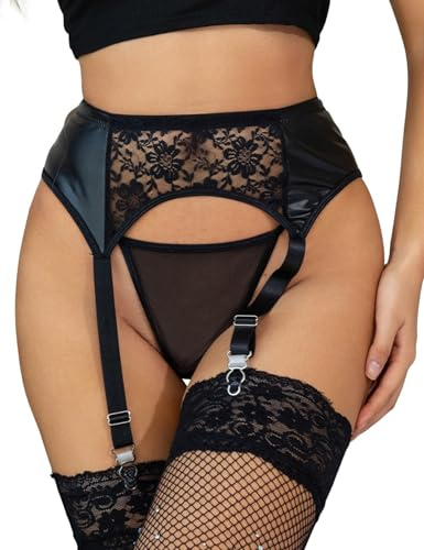 ohyeahlady Grande Taille porte jarretelles Simili Cuir pour Femme 4 Attaches Guepiere Porte Jartelle Femme Sexy Ensemble Ronde Tenue Sexy Lingerie et Vêtements(M,Noir)