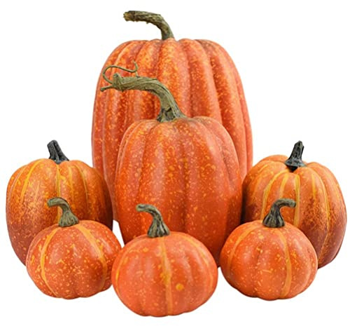 7Pcs Artificial Pumpkins Faux Foam Fall Harvest Pumpkin Halloween Thanksgiving Decorations Indoor for Home, Lifelike Simulation Foam Pumpkins Set Fall Harvest Home Party Supplies
