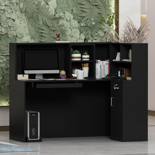Empfangstheke, Empfangstresen, Rezeptionstisch mit Computertablett und einem abnehmbaren Regal, Rezeptionstheke mit 1 Schubladen und 1 Schrank, Empfangstheken, Rezeptionstheken, MDF, 140 x 80 x 120 cm